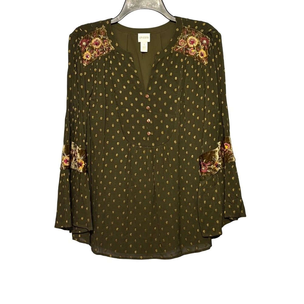 Chico's Green Gold Polka Dot Boho Blouse Embroidered Floral Details Size 1/Small